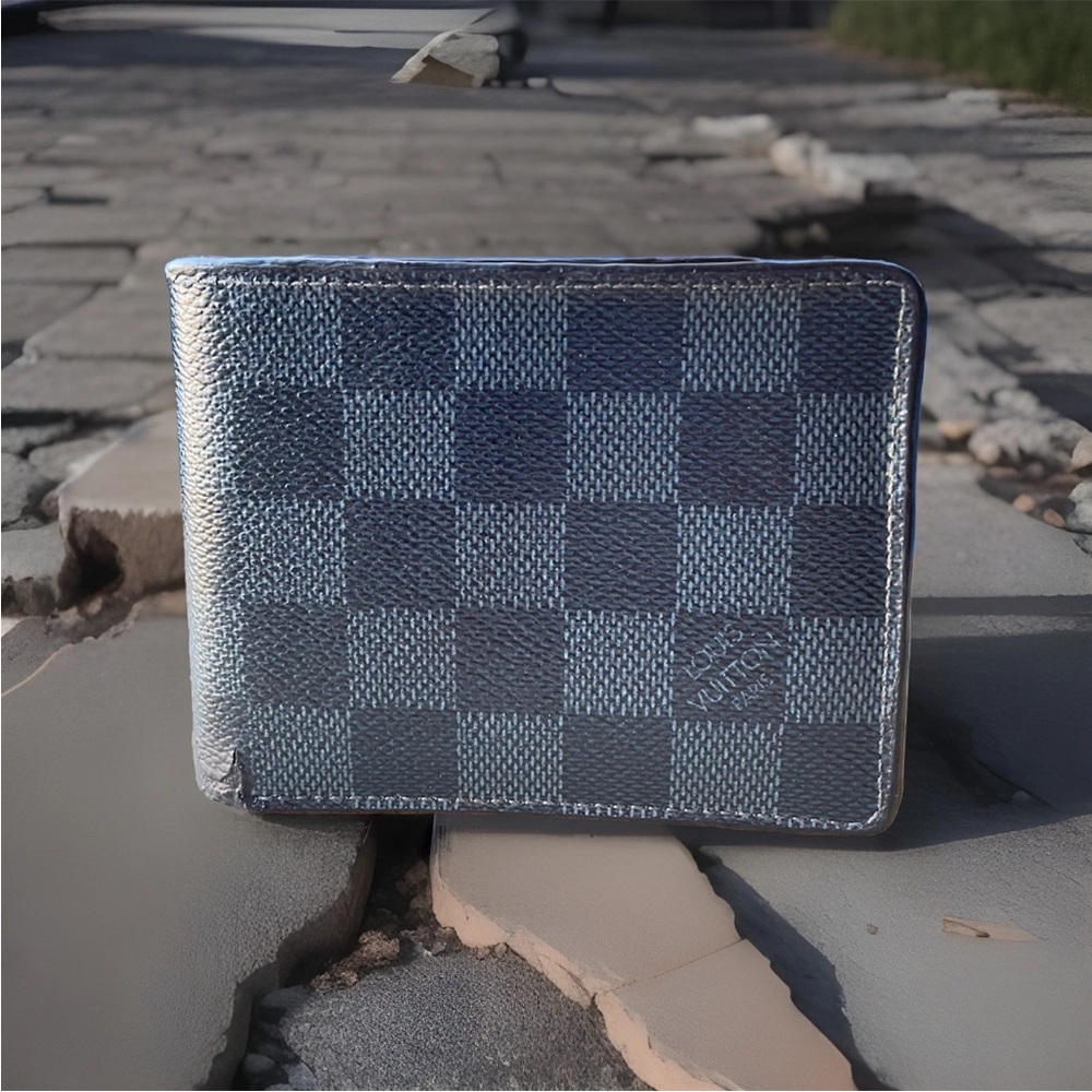 Louis Vuitton Slender LV Damier Cobalt Canvas Black Leather Bifold Men’s Wallet